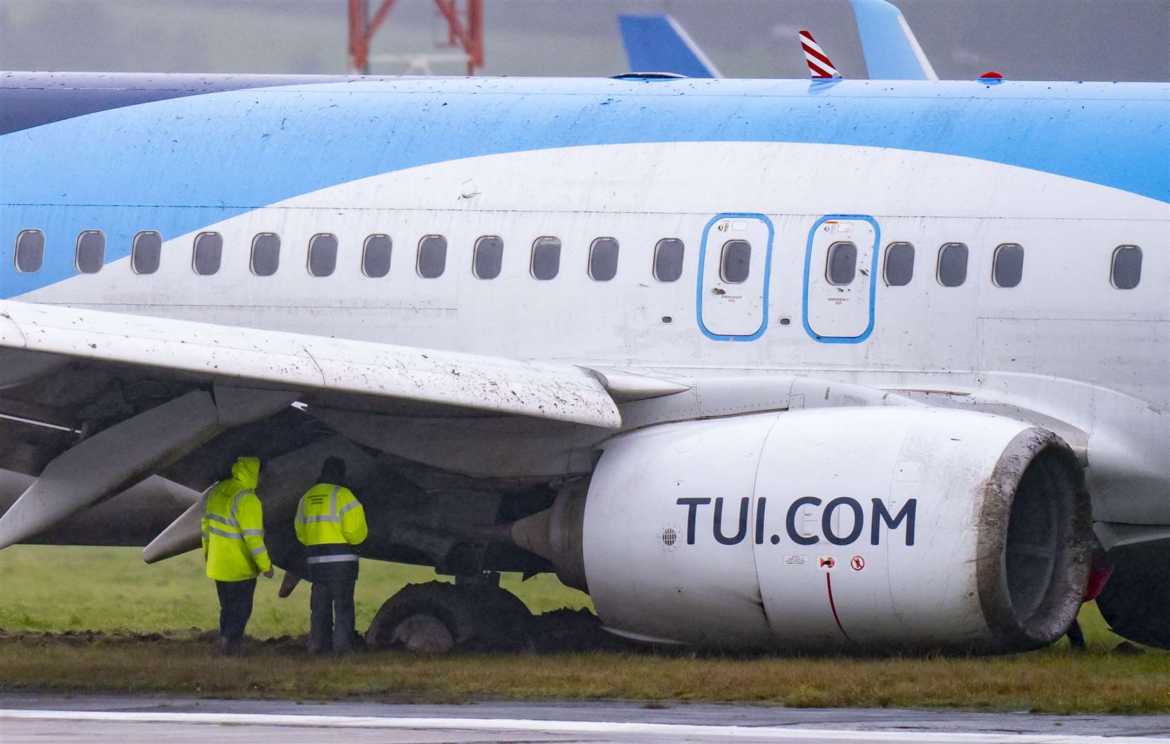 The passenger plane came off the runway at Leeds Bradford Airport while landing in windy conditions during Storm Babet (Danny Lawson/PA)