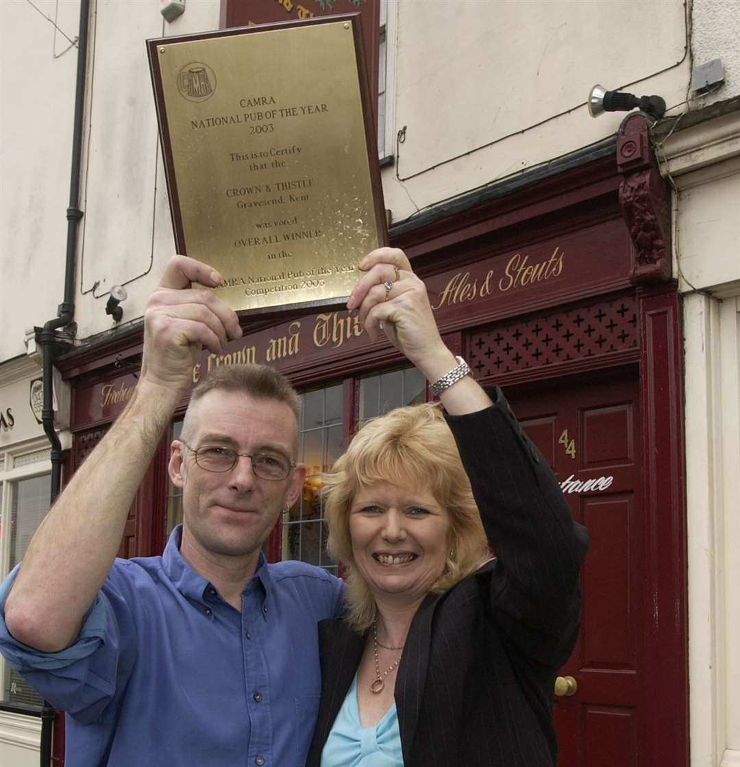 Former landlords Phil Bennett and Jacqui Hall celebrate being awarded Pub of the Year