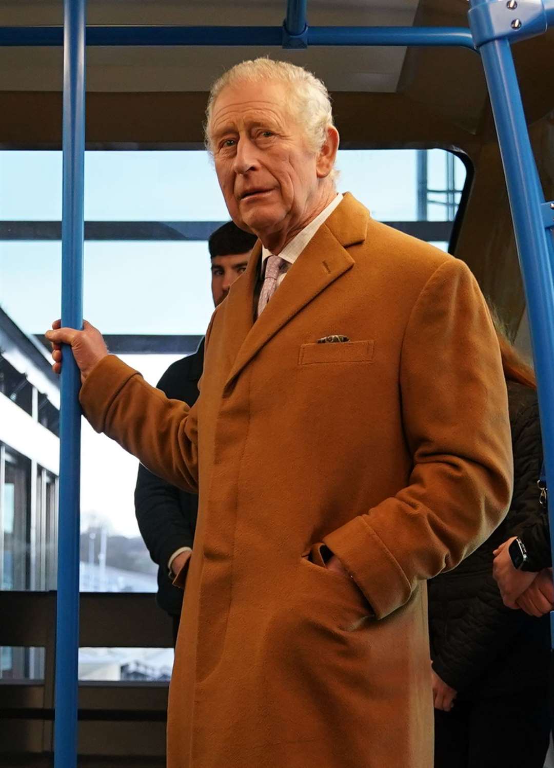 The King travels in a DART carriage for the three-minute journey to the Luton DART central terminal (Yui Mok/PA)