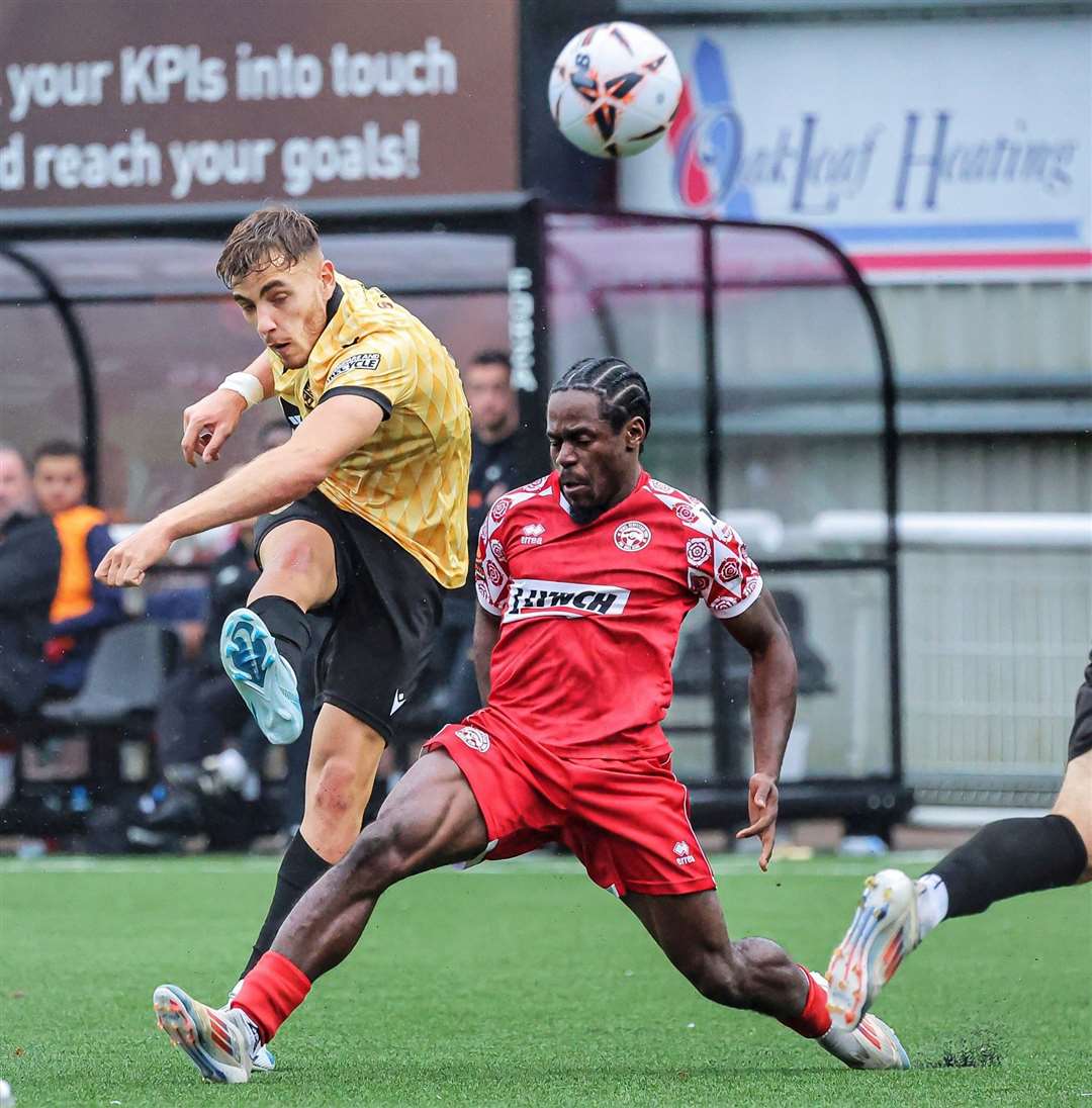 Maidstone United's Crawley loanee Antony Papadopoulos shoots under pressure from Hemel Hempstead's ex-Dartford player Brandon Barzey in the Stones’ 1-0 win on Saturday. Picture: Helen Cooper