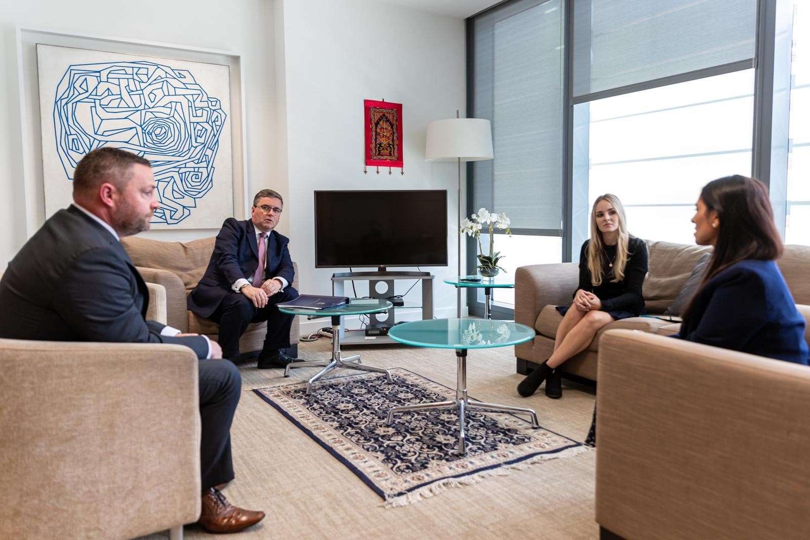 Lissie Harper, the widow of Pc Andrew Harper, alongside Justice Secretary Robert Buckland (second left), Sgt Andy Fiddler, Thames Valley Police Federation (left), and Home Secretary Priti Patel (right) during a meeting at the Home Office in London (Martis Media/{PA)