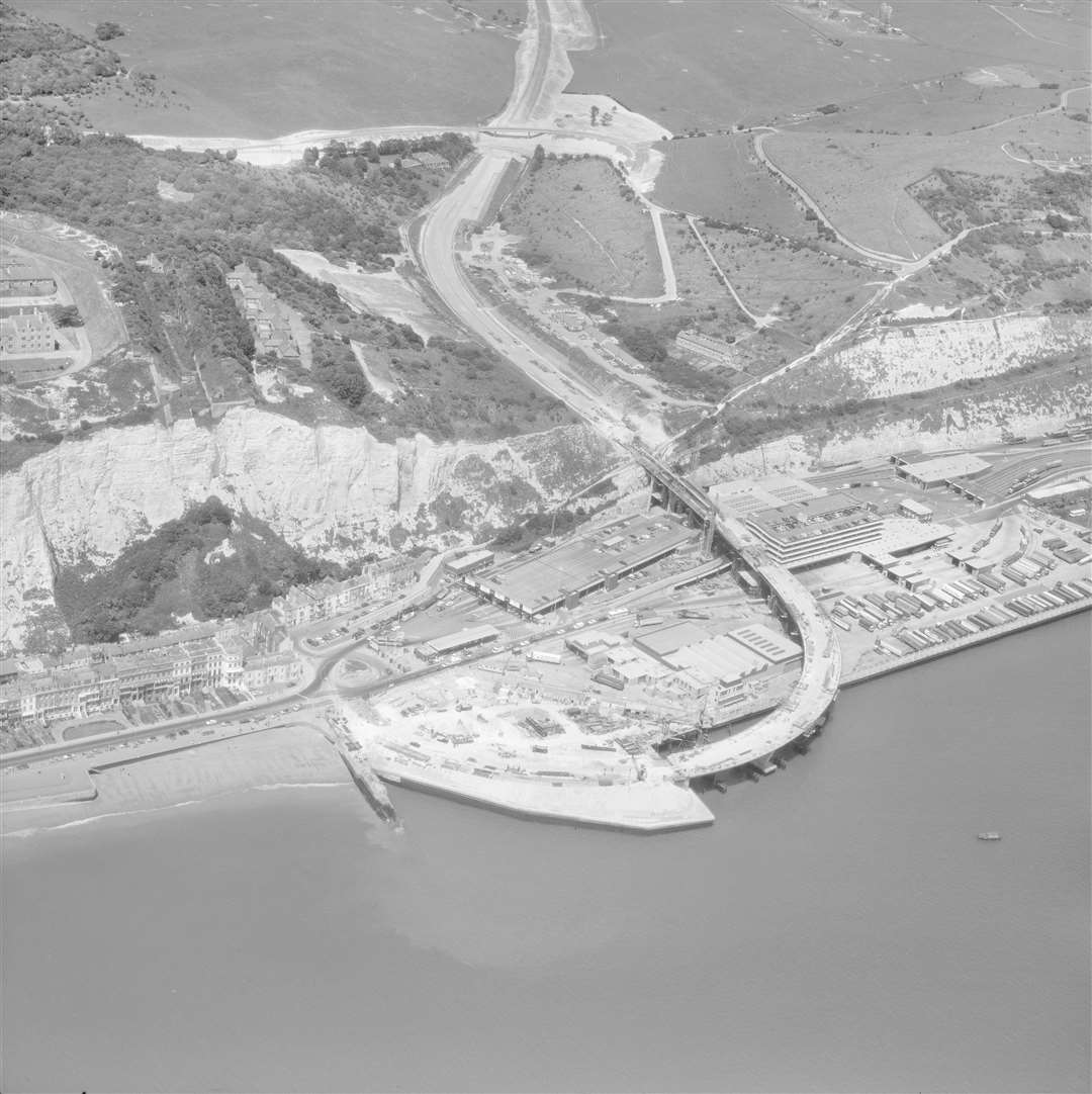 The Port of Dover as work on the elevated section of the A2 took place in 1976. Picture: Historic England