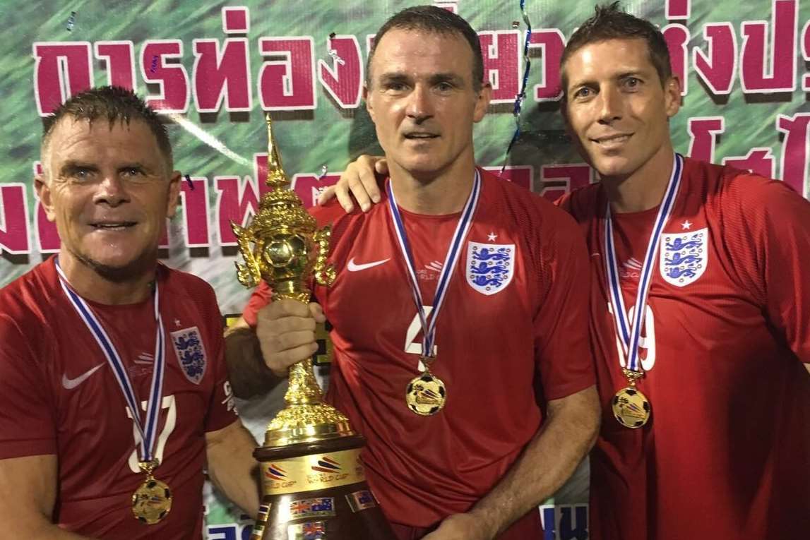 From left, former Gillingham players Andy Hessenthaler, Mark Saunders and Nicky Southall with the Seniors World Cup