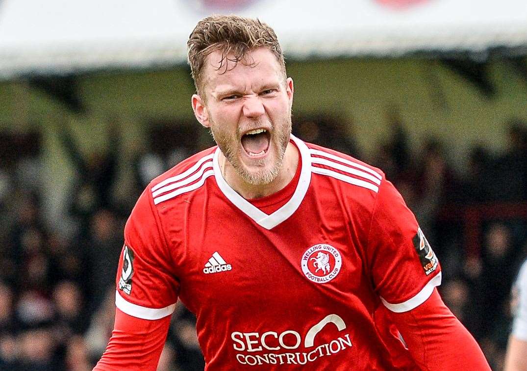 Josh Hill celebrates scoring for Welling Picture: Dave Budden