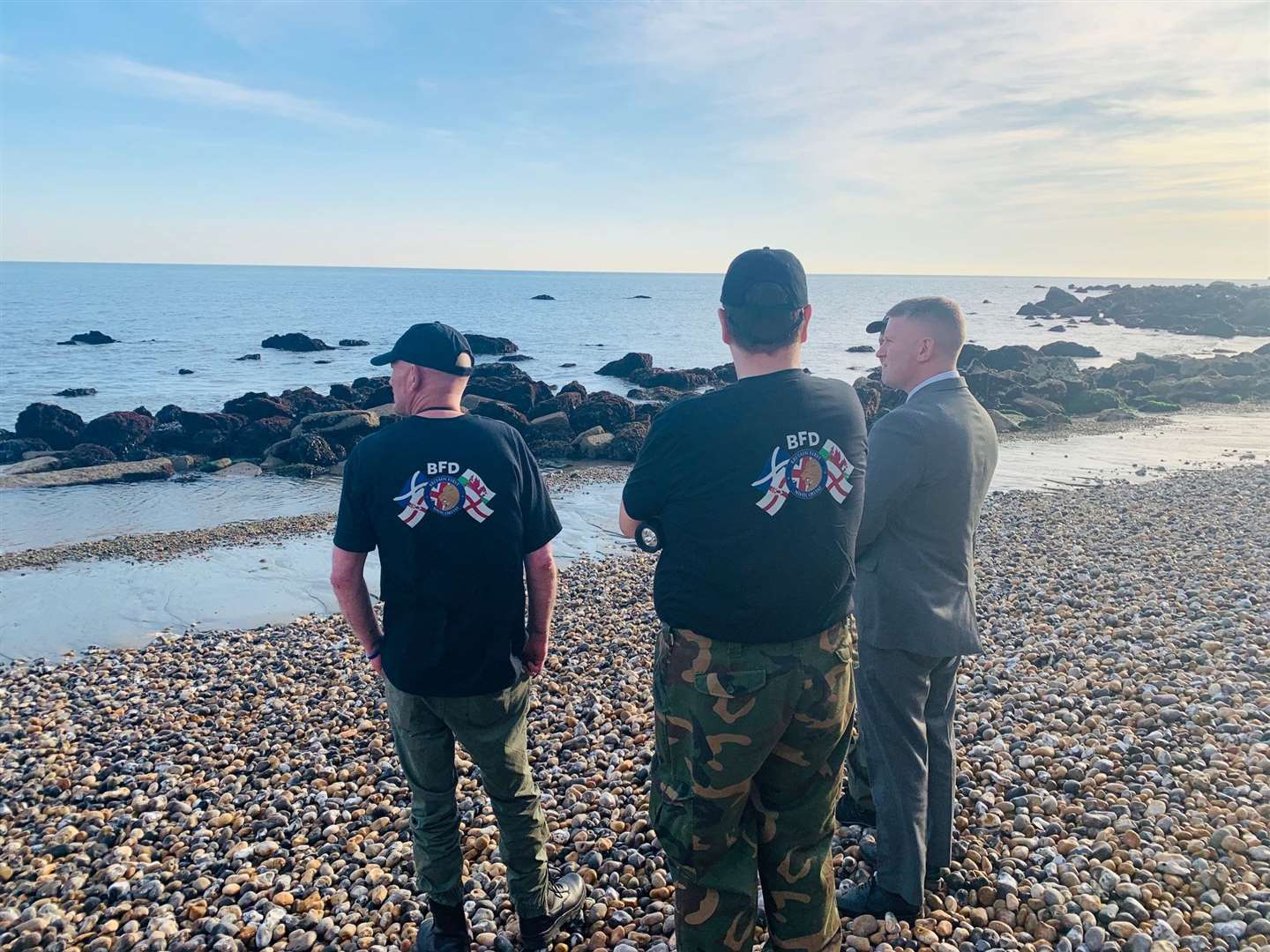 Britain First members, with leader Paul Golding, on beach patrol in Dover last Saturday. Picture: Britain First