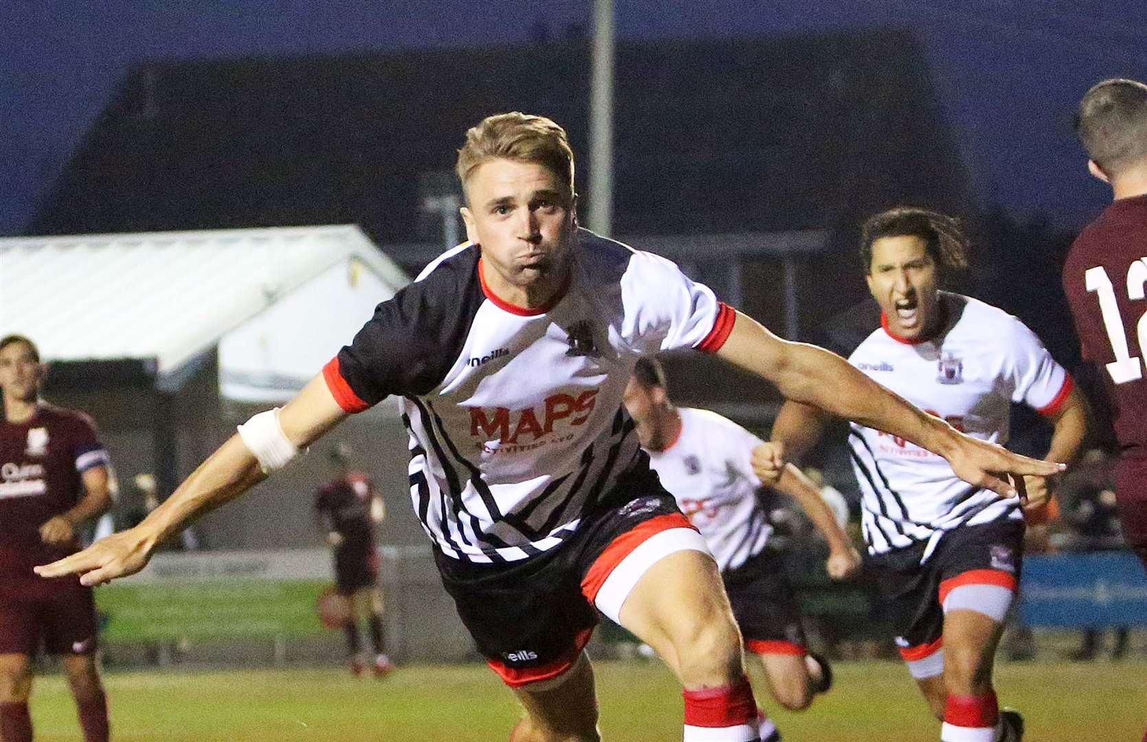 Deal's Tom Chapman equalises during their 3-1 win over Canterbury City on Tuesday night. Picture: Paul Willmott