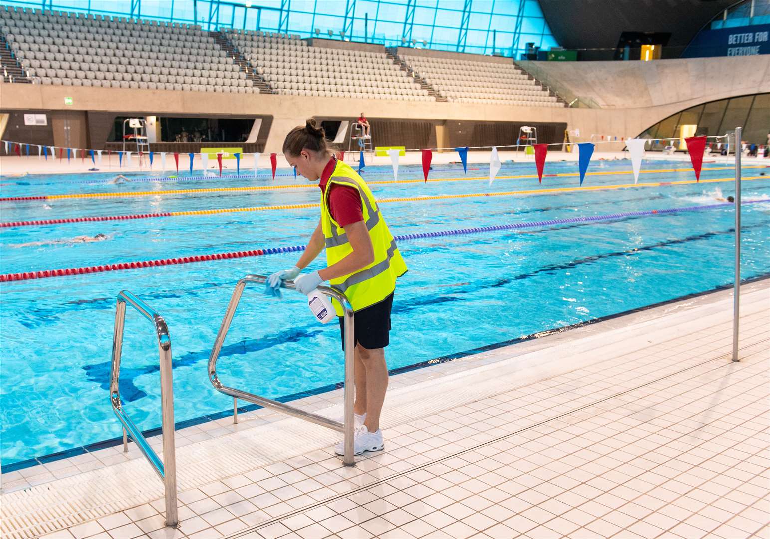 Meanwhile, cleaning was under way at the London Aquatic Centre, at the Queen Elizabeth Olympic Park (Dominic Lipinski/PA)