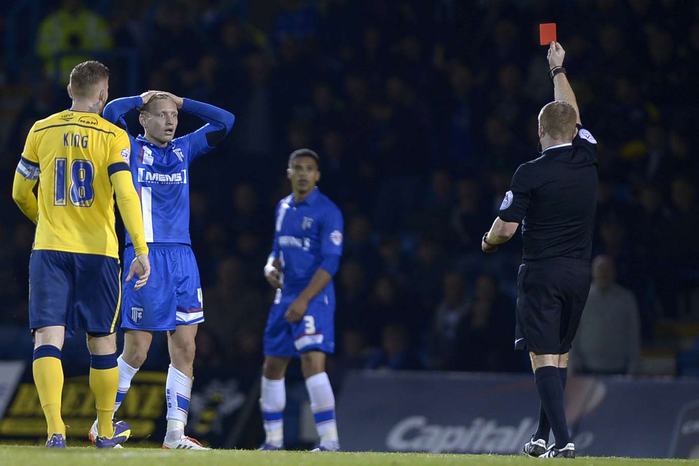 Josh Wright can't believe it. He is sent off by referee Lee Swabey. Picture: Barry Goodwin
