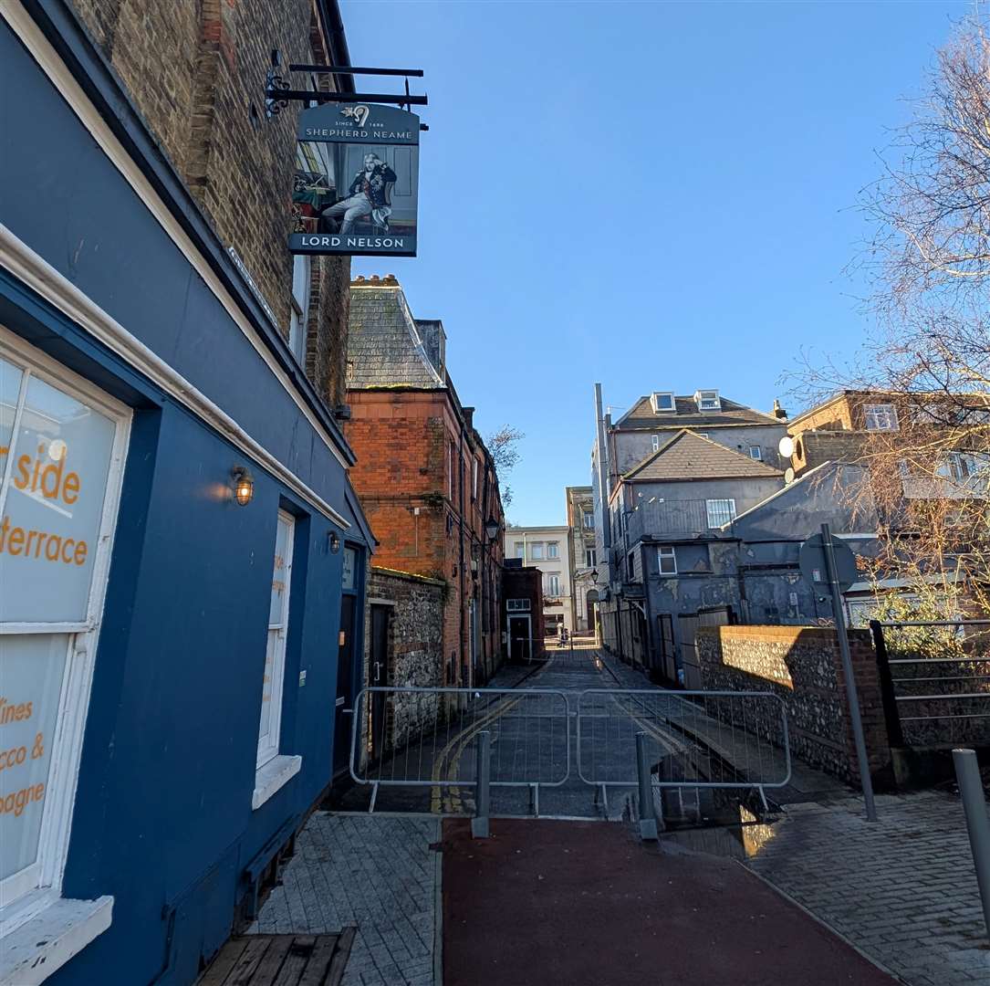 Flying Horse Lane in Dover has been fenced off after a building was found to be tilting towards the street. Picture: Dan White