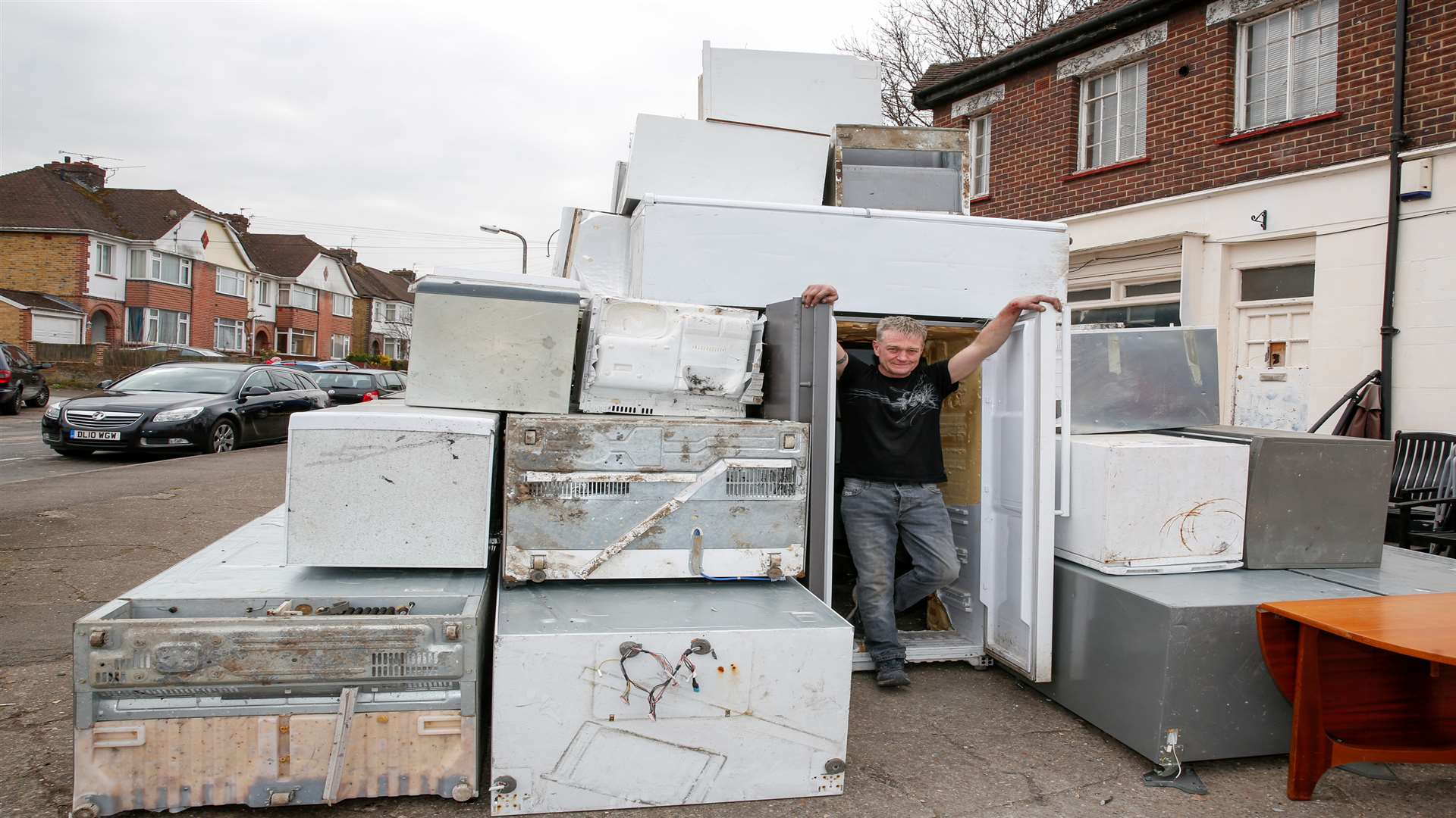 Kevin Wildeman with his fridge pyramid