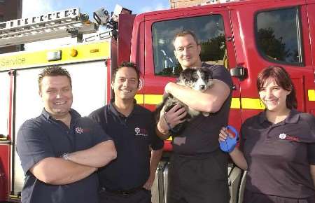 IN SAFE HANDS: Pippin with his rescuers Mike Scott-Smith, Jansen Smith, Mark Laxton and Emma Chapman. Picture: DAVE DOWNEY