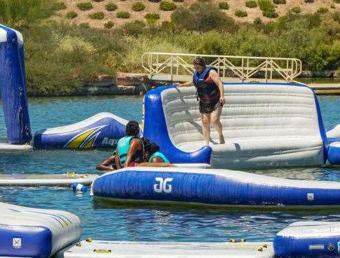 The aqua park at St Andrews Lakes opened on Saturday. Picture: Aquaglide Aquaparks