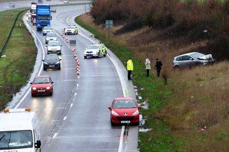 A car ended up on the embankment flanking the Maidstone-bound carriageway of the A249