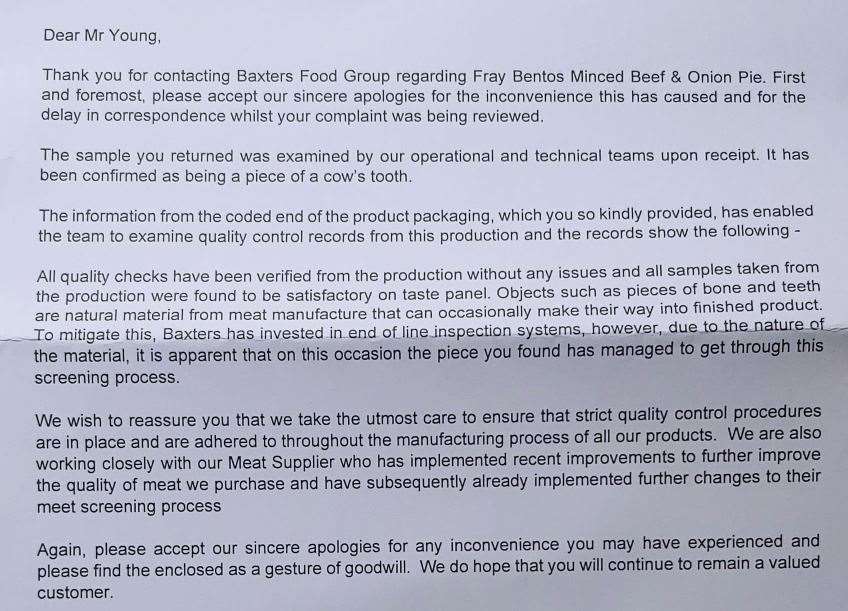 The letter Adam Young, from Sheerness, received from Fray Bentos and the Baxters Food Group after finding a tooth in his pie