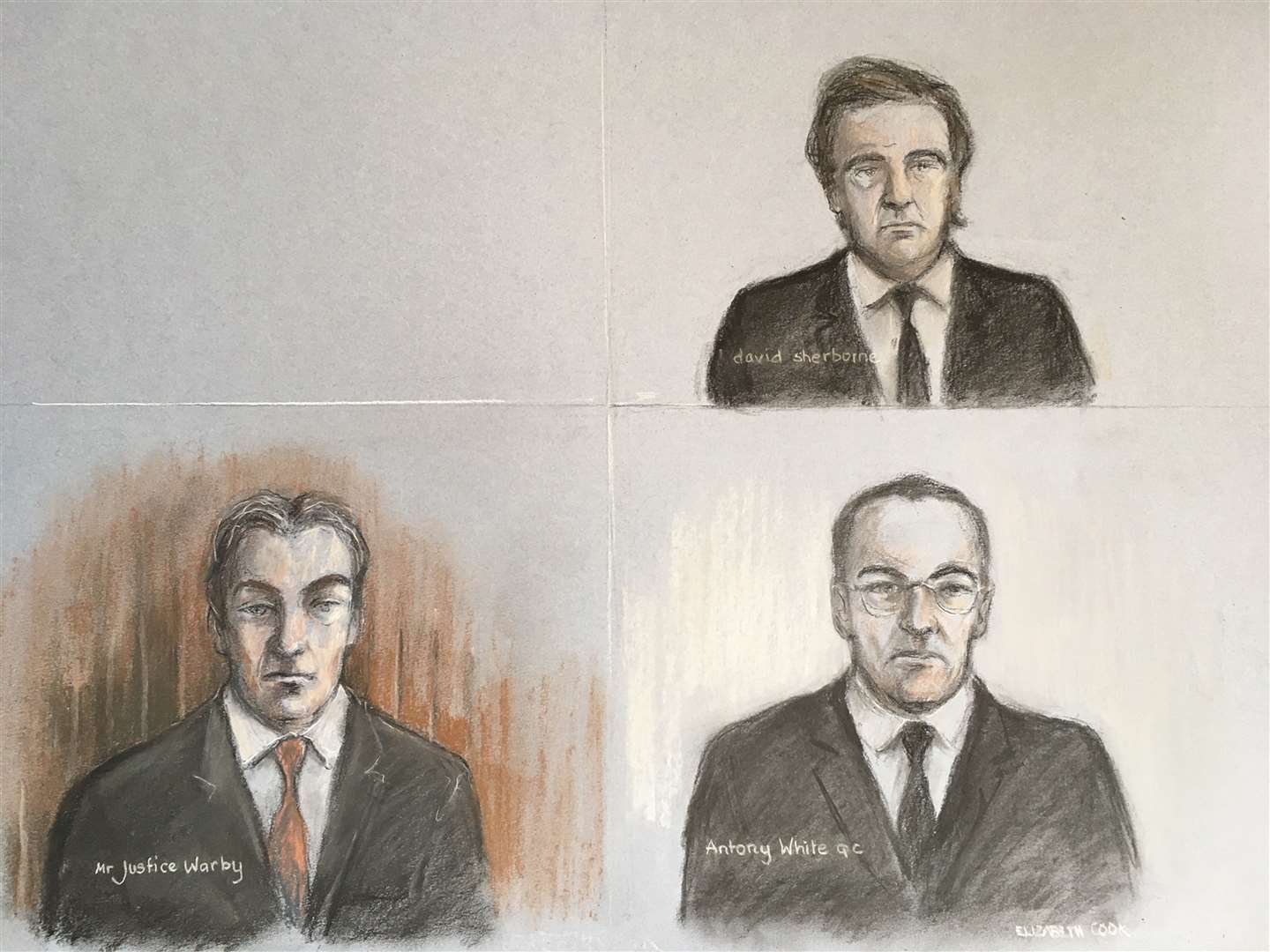 Court artist sketch of Mr Justice Warby (bottom left) Antony White QC, for Associated Newspapers (bottom right) and David Sherborne the lawyer representing the Duchess of Sussex (Elizabeth Cook/PA)