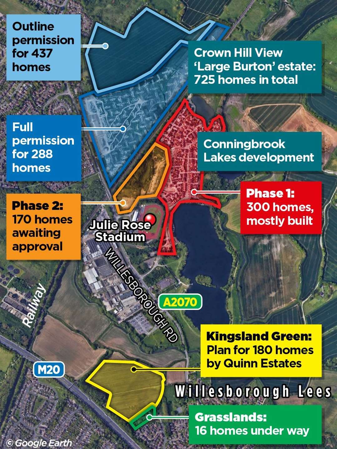 Four developments are on the cards in east Ashford across just 988 acres - the equivalent of 240 football pitches