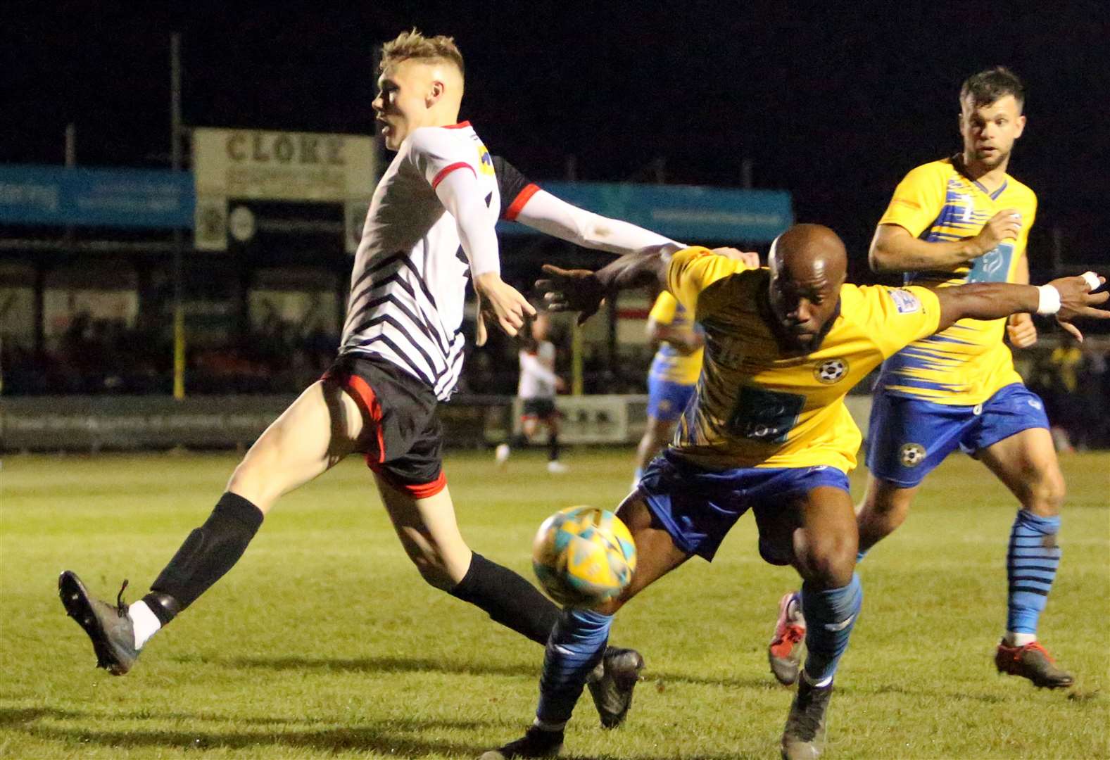 Deal defender Alex Green just fails to connect with a ball across the penalty box. Picture: Paul Willmott