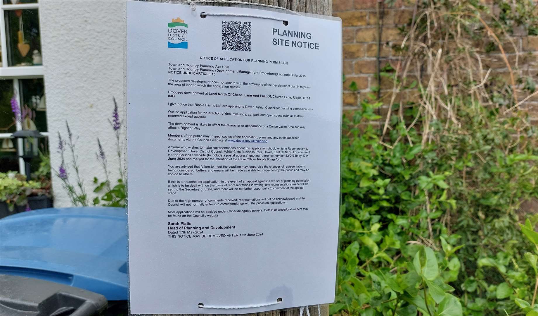 A planning notice warning of the plans has been placed along Church Lane in Ripple