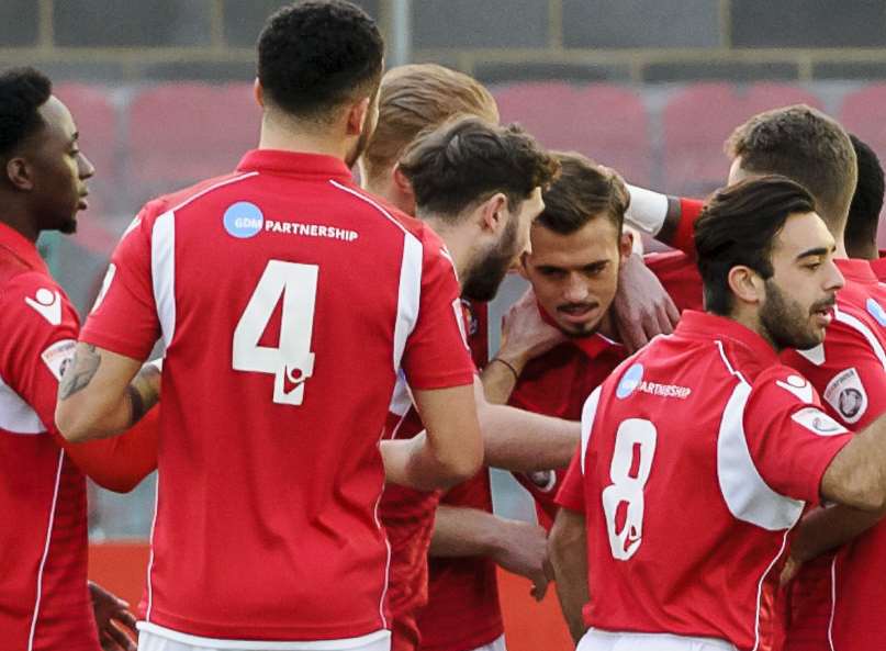 Jack Powell celebrates after scoring the opening goal in Ebbsfleet's 4-2 FA Trophy win over Harrow Borough. Picture: Andy Payton