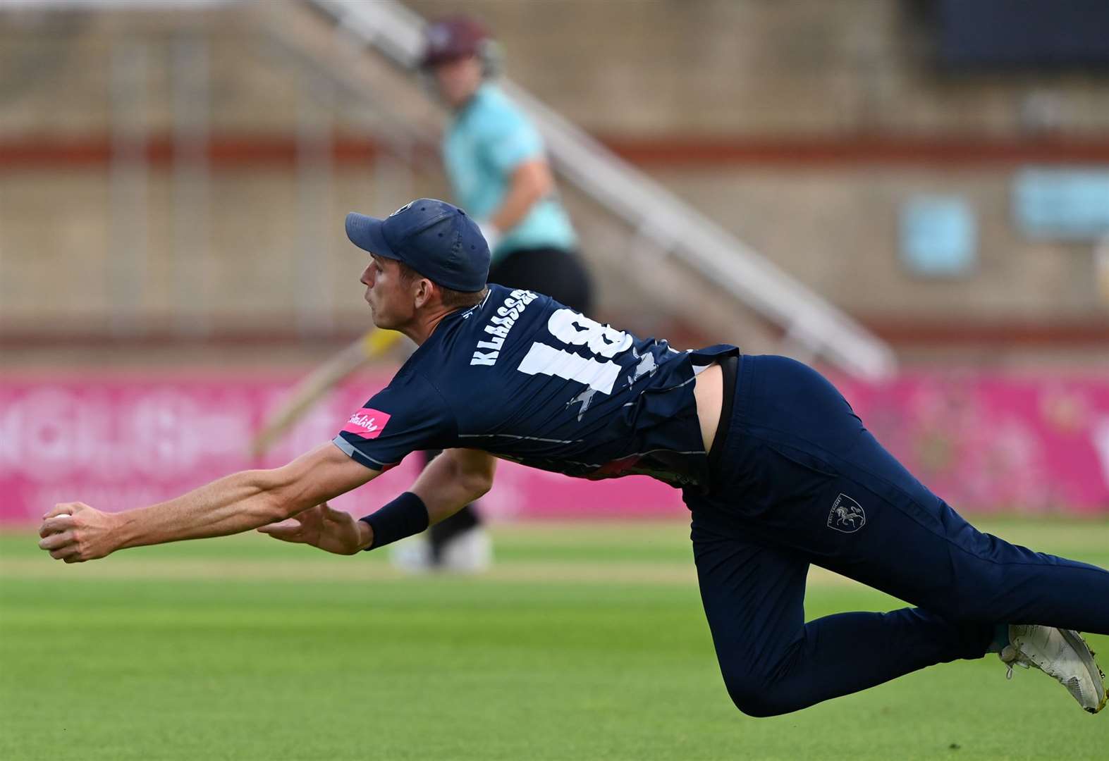 Kent's Fred Klaassen takes a stunning catch against Surrey in the T20 Blast this summer. Picture: Keith Gillard