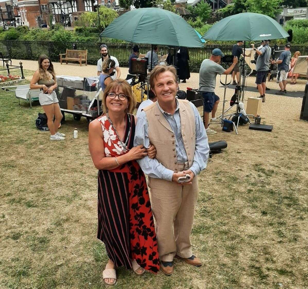 Bradley Walsh as Pop Larkin on set at Tonbridge Castle with co-star Joanna Scanlon