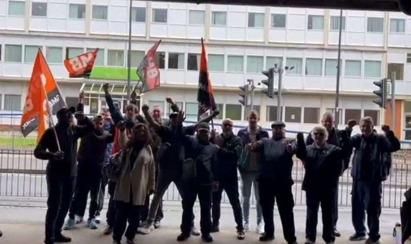 Security staff working at Chatham’s Jobcentre are holding a protest outside The Brook, opposite the Pentagon. Photo: Neville Cachia