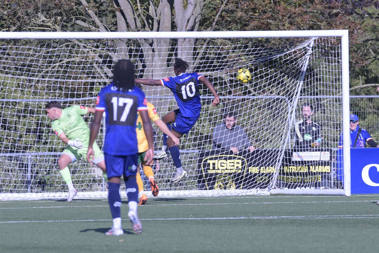 Ibrahim Olutade (No.10) puts Margate in front against Horsham. Picture: Stuart Watson