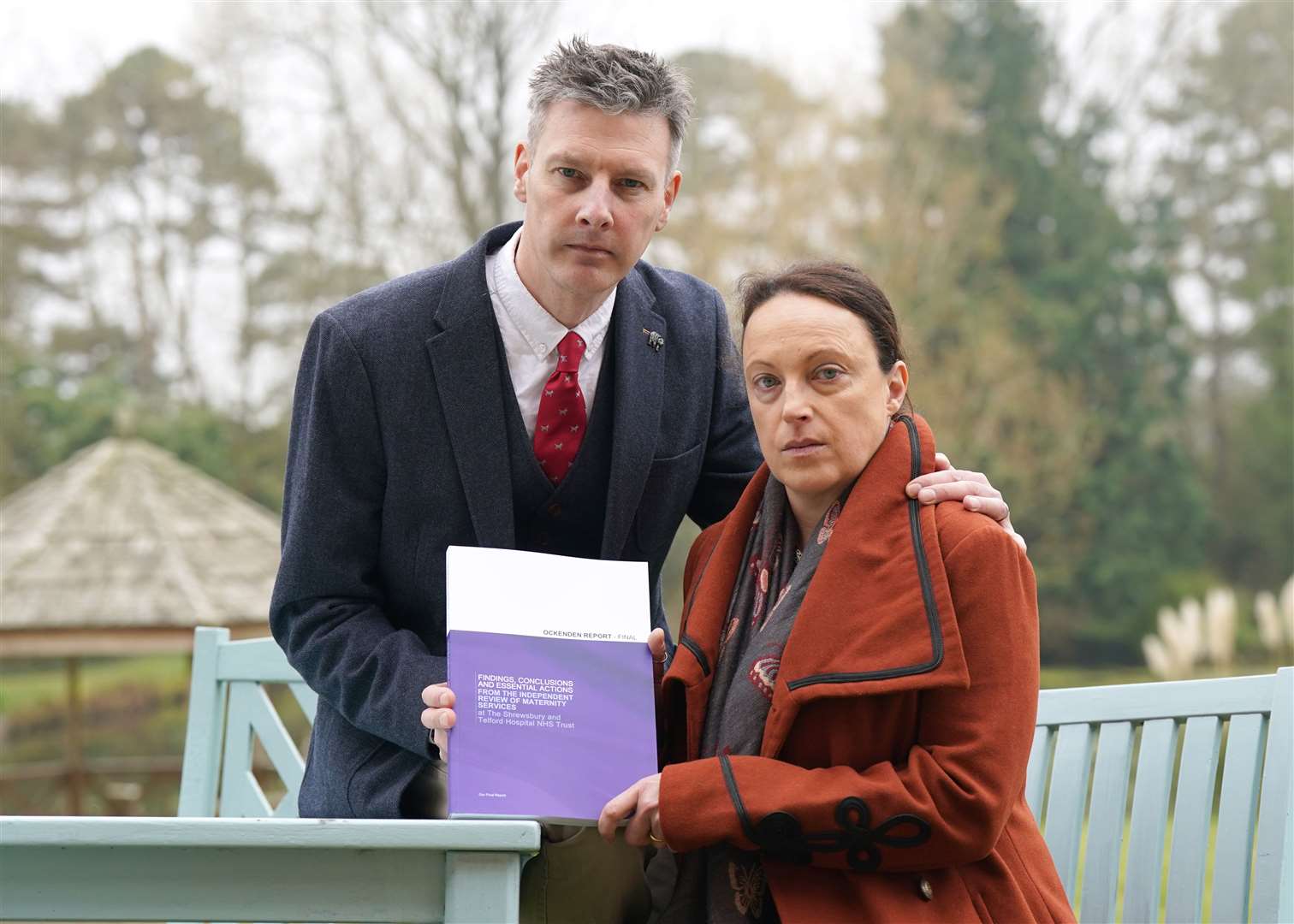 Rhiannon Davies and Richard Stanton with a copy of the Donna Ockenden Independent Review into Maternity Services at the Shrewsbury and Telford Hospital NHS Trust (Jacob King/PA)