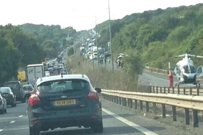 The scene on the A2 which shows two air ambulances