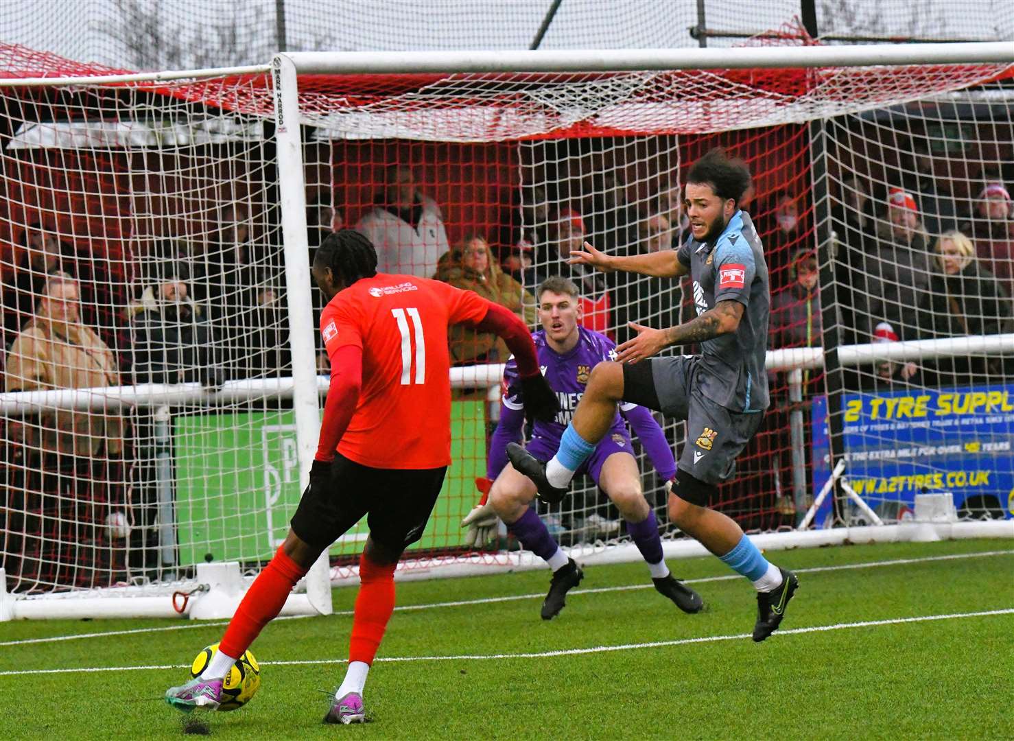 Sheppey winger Gil Carvalho has an effort blocked during the first half against Three Bridges. Picture: Marc Richards