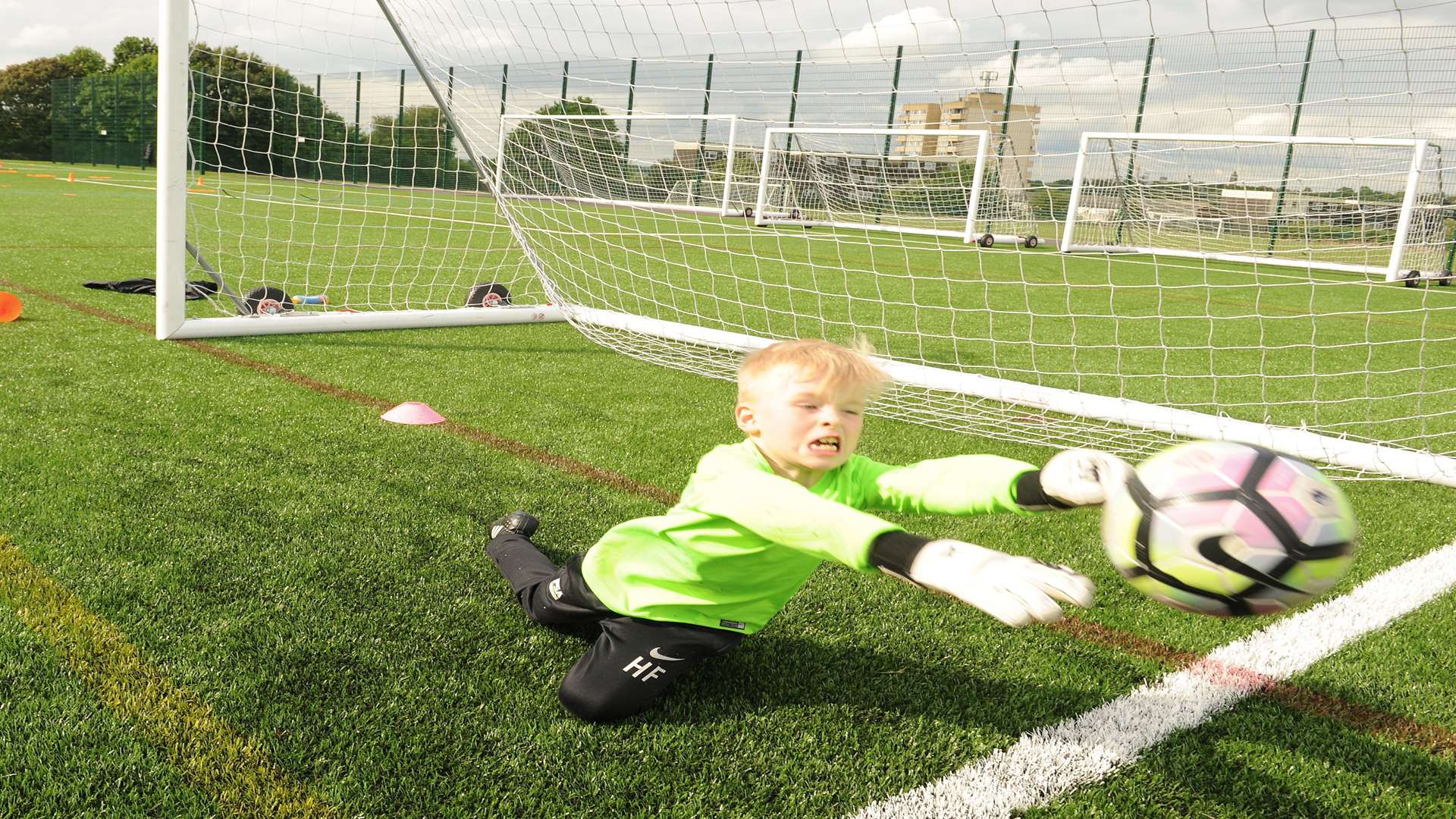 Fine save from young Harry Fowle at Pro Soccer coaching Picture: Steve Crispe
