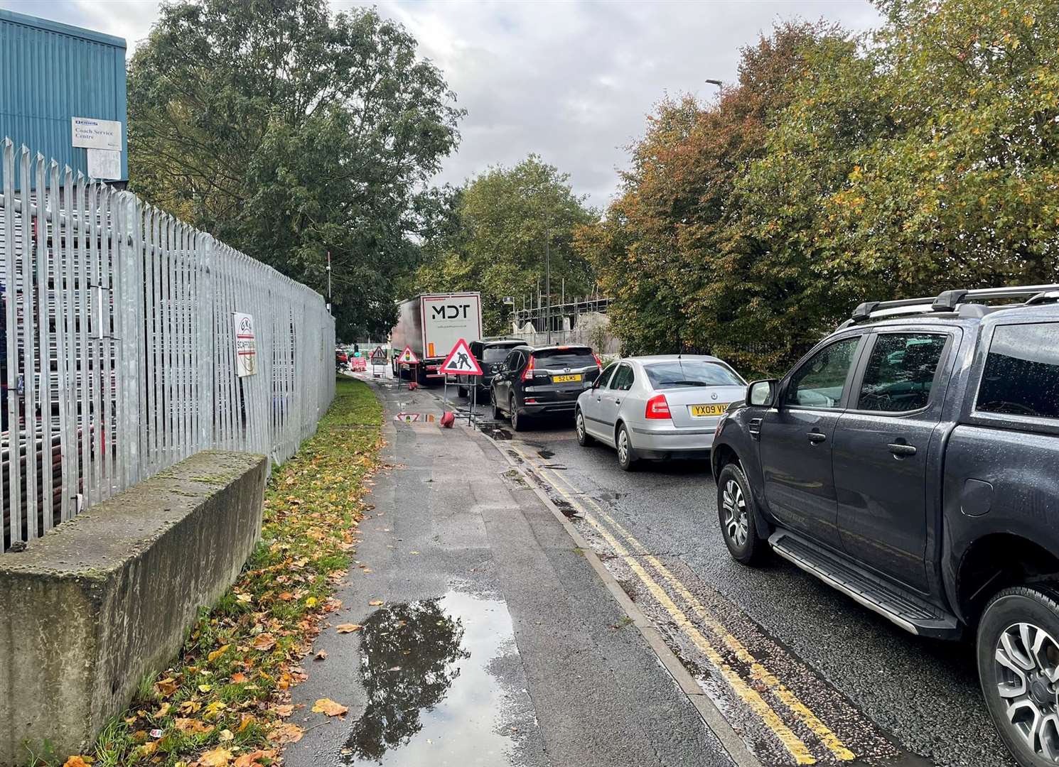 Traffic backing up behind the traffic lights in Sir Thomas Longley Road, Medway City Estate. Picture: Joe Crossley