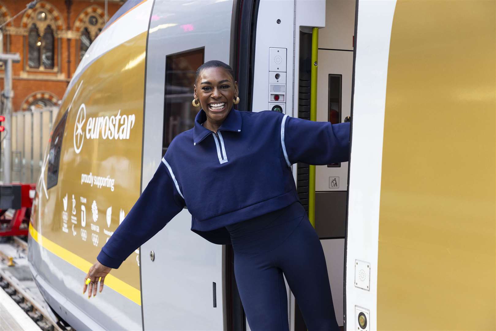 Former Team GB athlete Perri Shakes-Drayton joined Dame Jessica Ennis-Hill and Maisie Summers-Newton to unveil a golden Eurostar train (David Parry/PA)