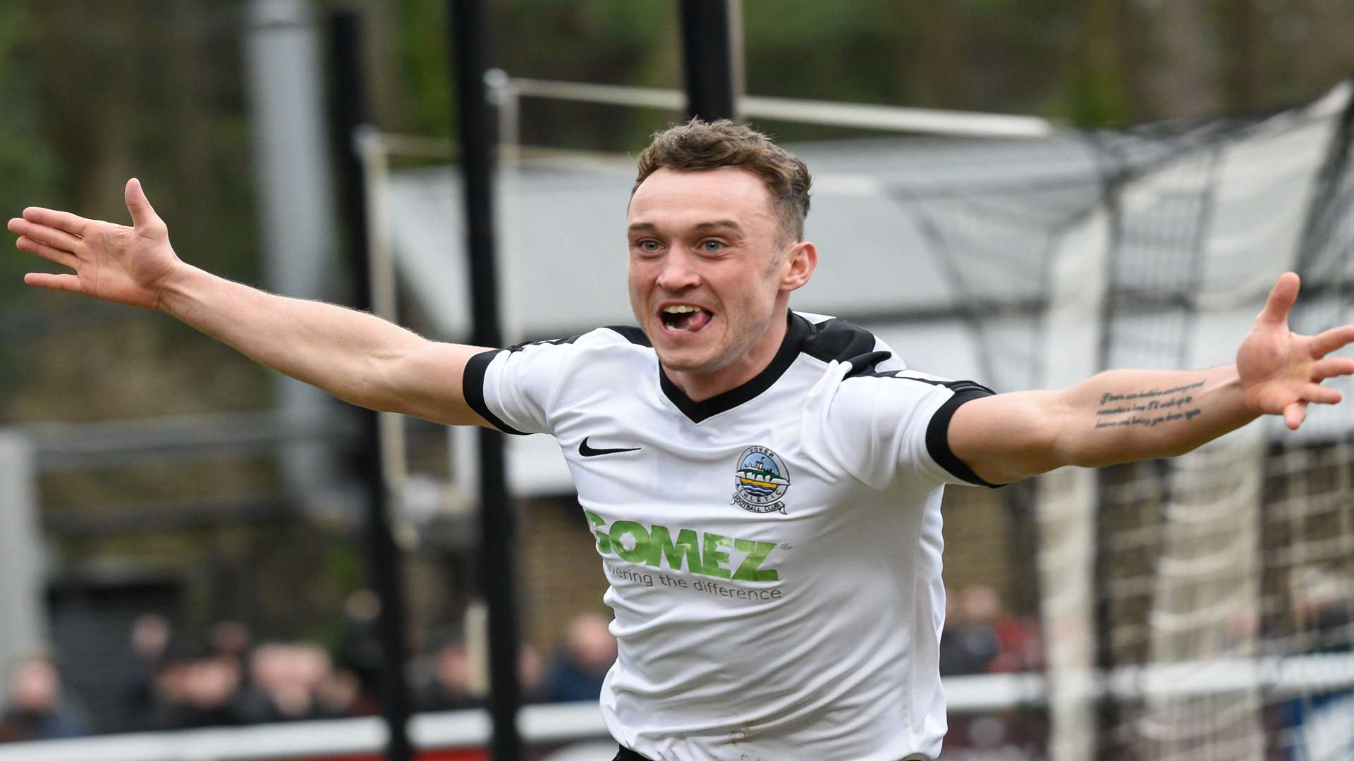 Ricky Miller celebrates his opening goal against Eastleigh. Picture: Alan Langley