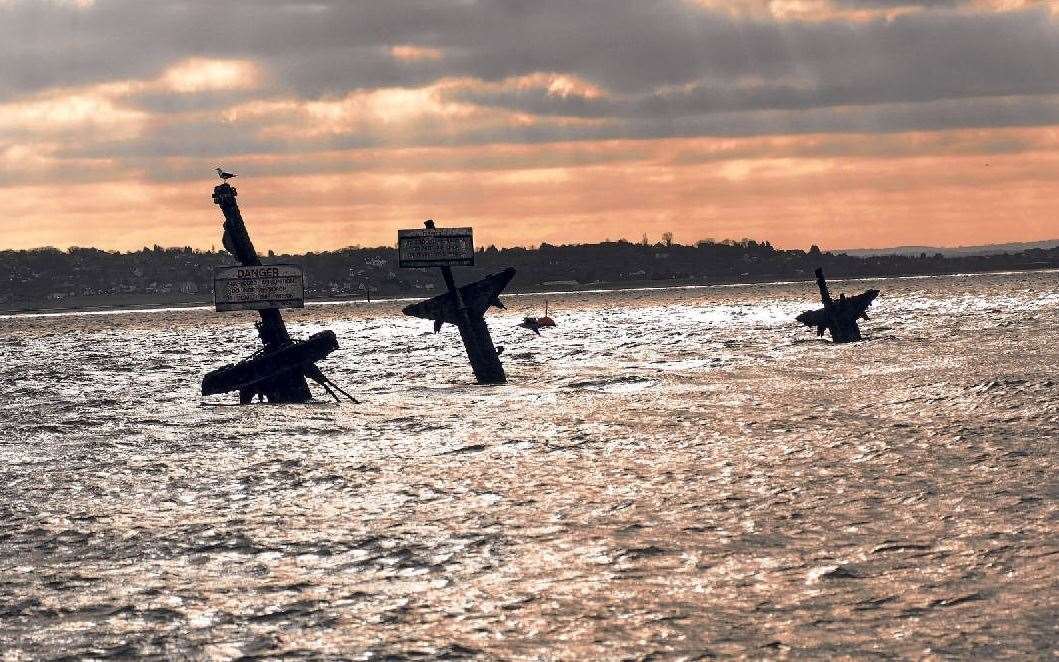 The masts of the wreck of the SS Richard Montgomery bomb ship off Sheerness. Picture: Barry Crayford