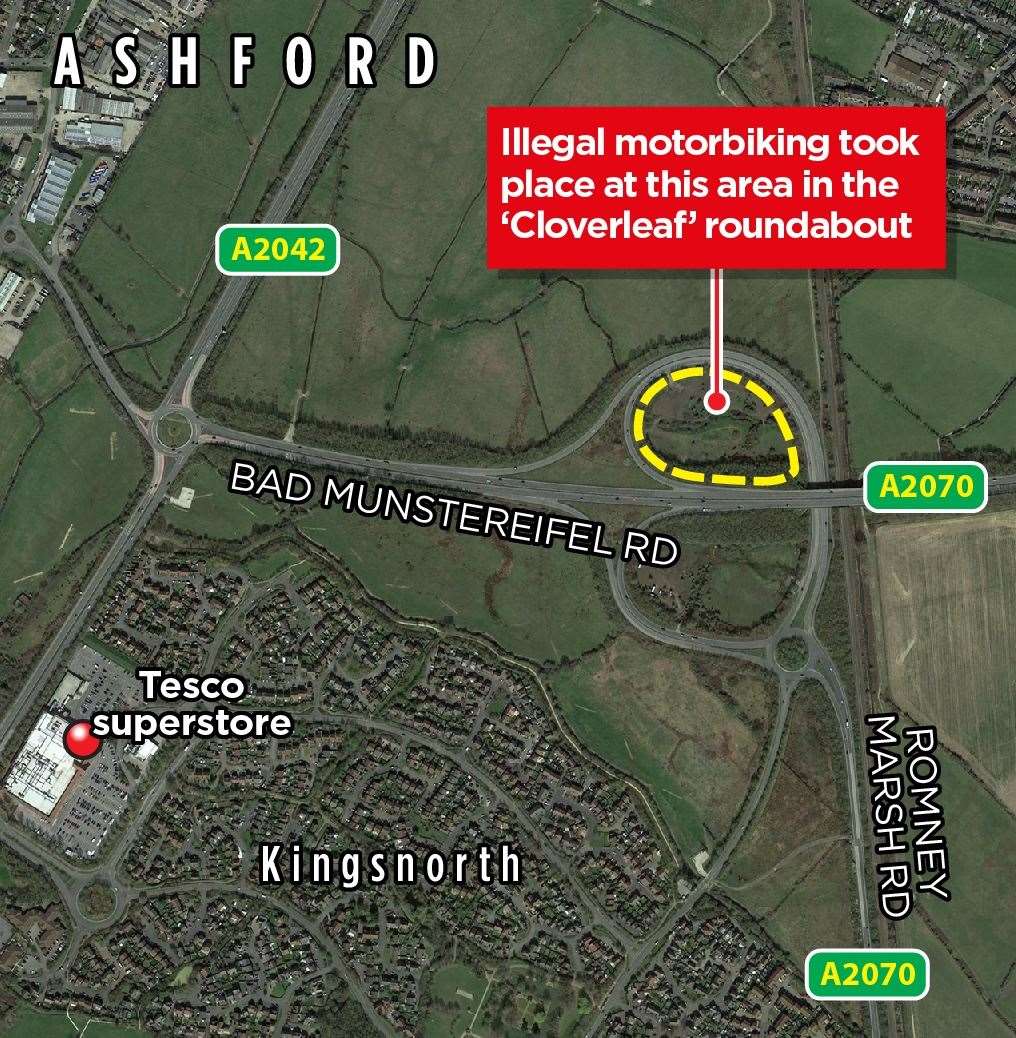 The organiser of motorcross racing on the Cloverleaf roundabout in Ashford has been fined over nuisance. Picture: Google Street View