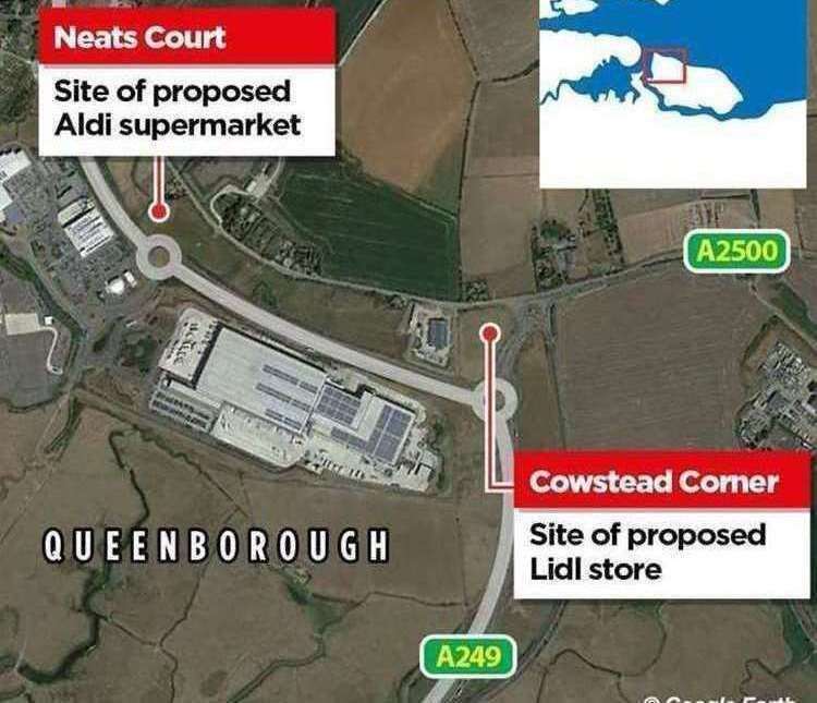The location of the new Lidl supermarket, near Cowstead Corner, and the new Aldi, at Neats Court