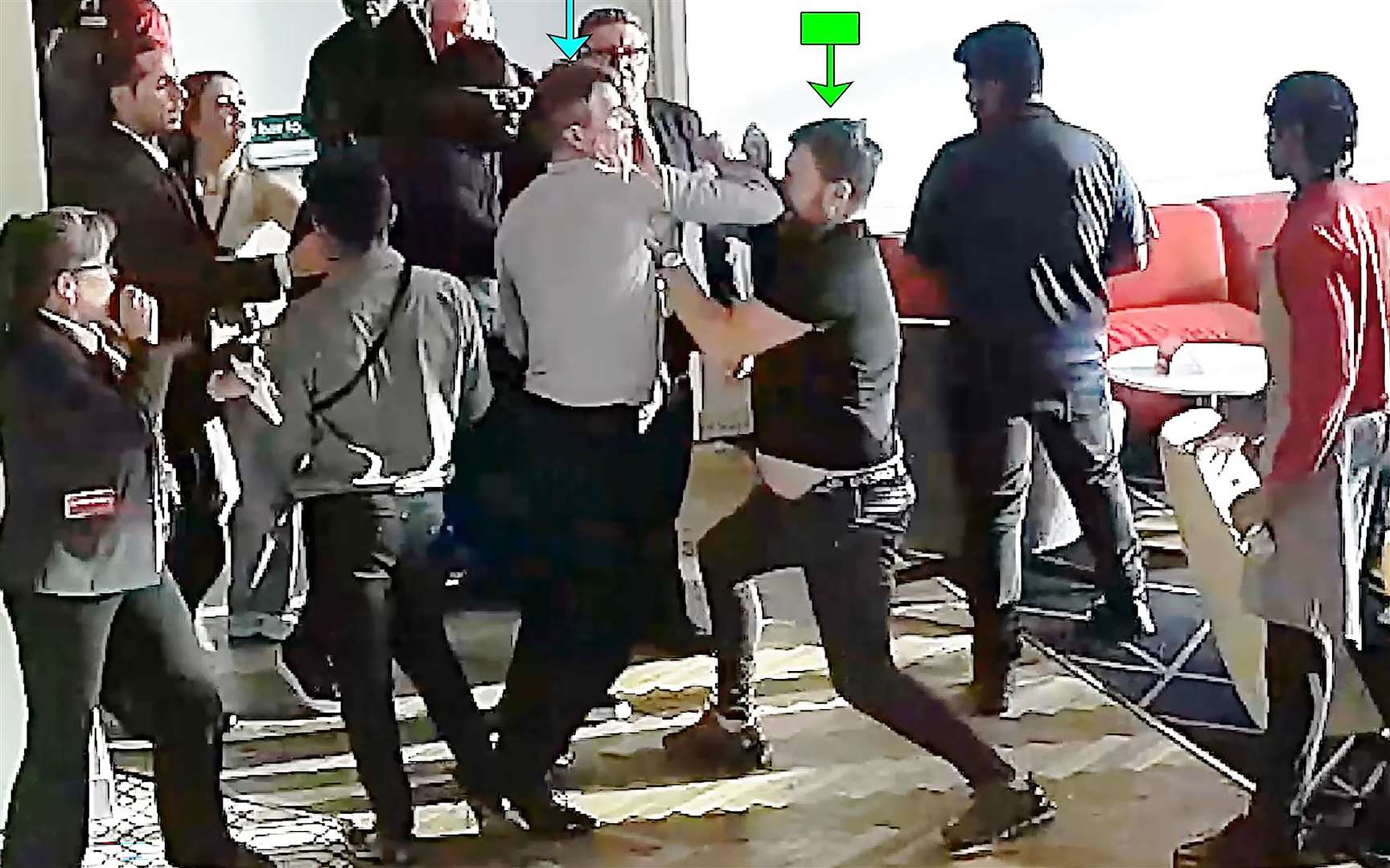 Screen grab taken from footage of Roy Keane (blue arrow) and Scott Law (green arrow) (Edward Fail Bradshaw & Waterson/PA) (Edward Fail Bradshaw & Waterson/PA)