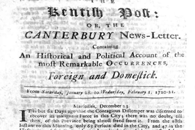 An early front page of the Kentish Post - predecessor to the Kentish Gazette
