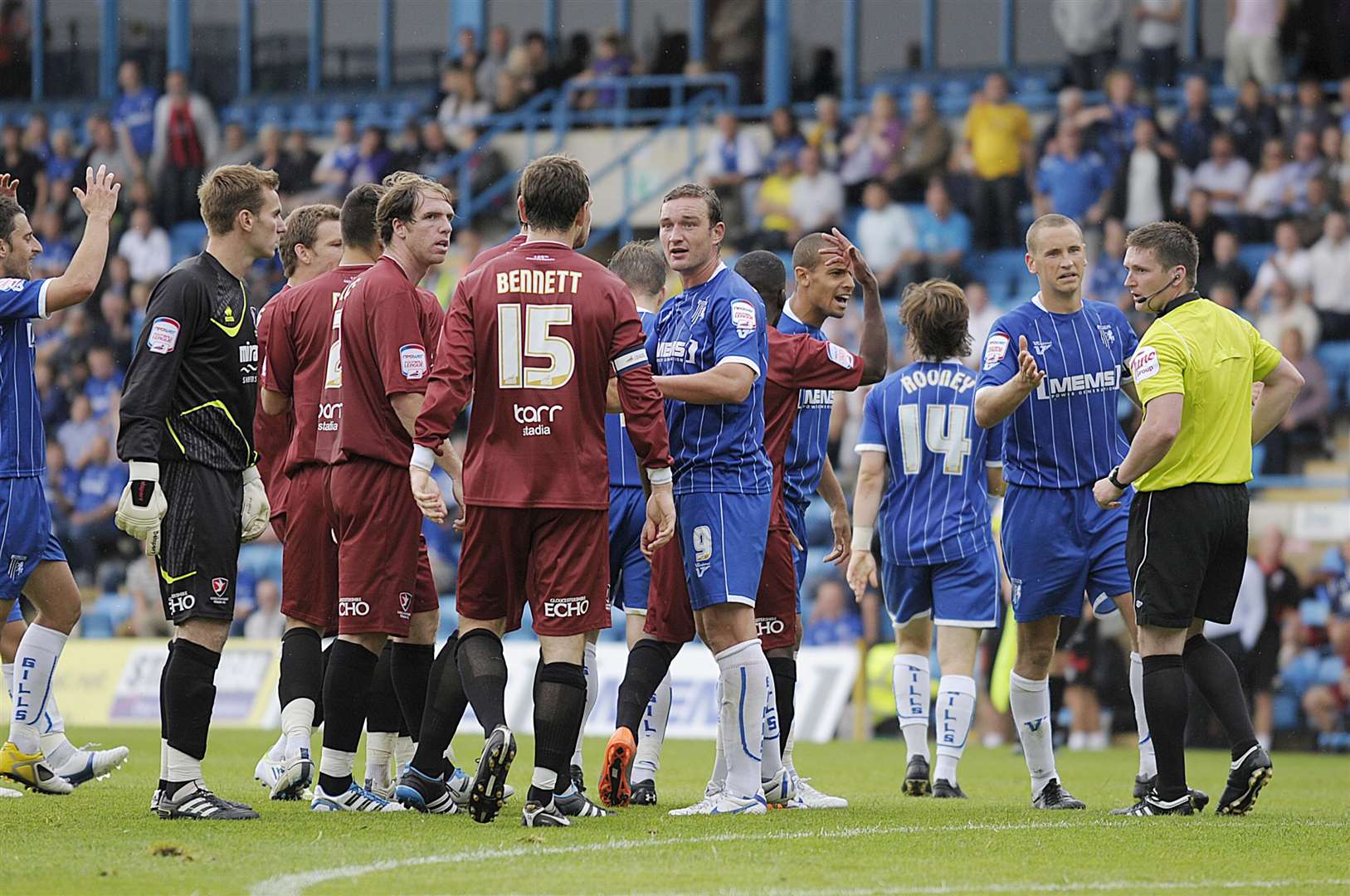 Referee Lee Collins dishes out a red card to Gills' Luke Rooney at Priestfield back in August 2011 Picture: Barry Goodwin
