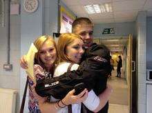 Chatham Grammar pupils Rhiannon smith, Charlotte wood AND Sam Slocombe congratulate each other