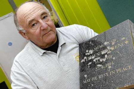 Gordon Newton, owner of The Stone Shop in East Farleigh, with the origional memorial to Stephen Lawrence which was attacked with a hammer.