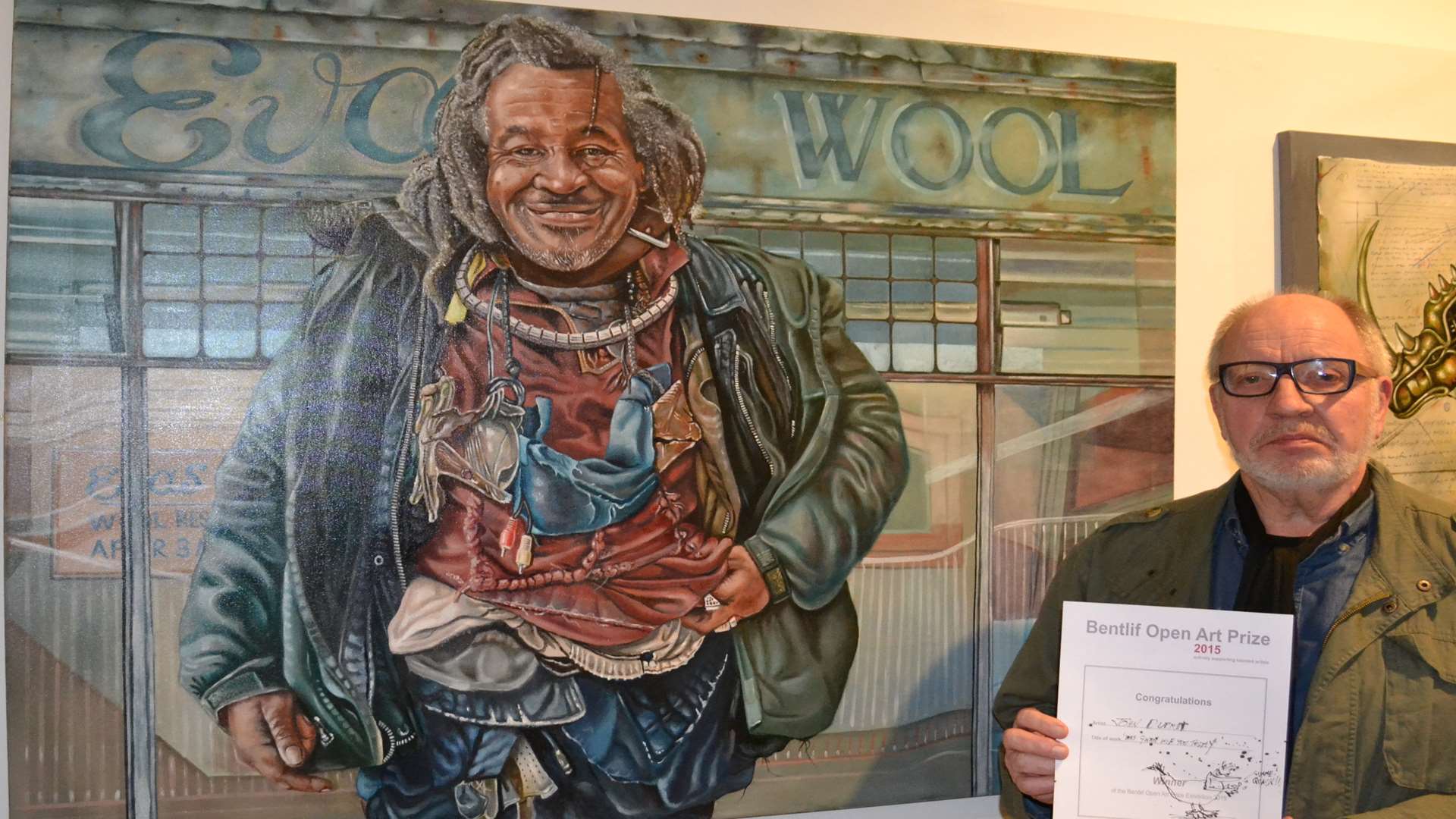 Winner John Dupret with his work, "Waa gwan wid you today?": The Urban Warrior