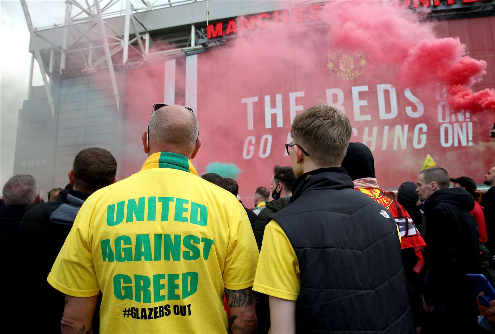 Protesters gathered outside Old Trafford (Barrington Coombs/PA)