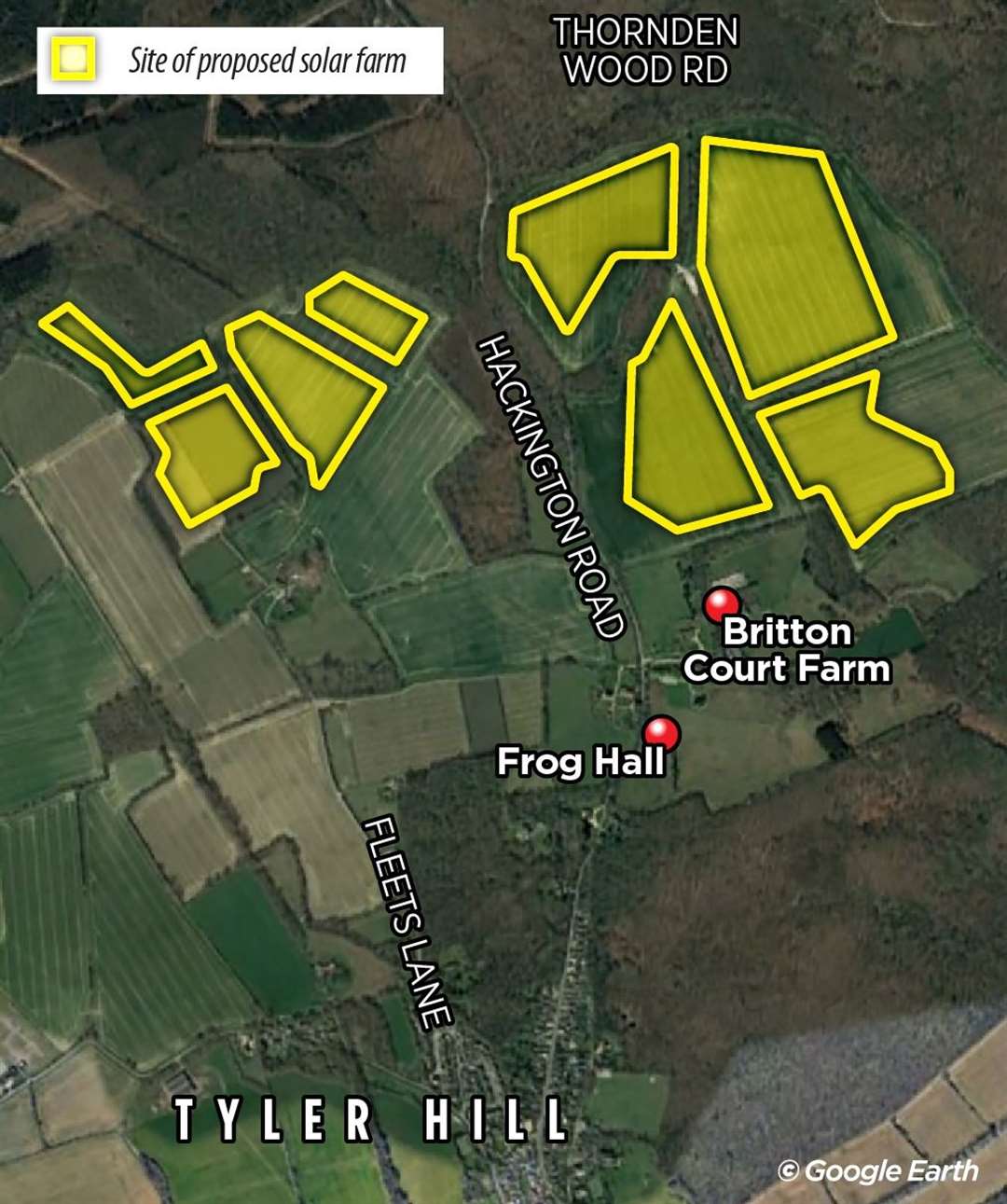 A map outlining the proposed site of the solar farm