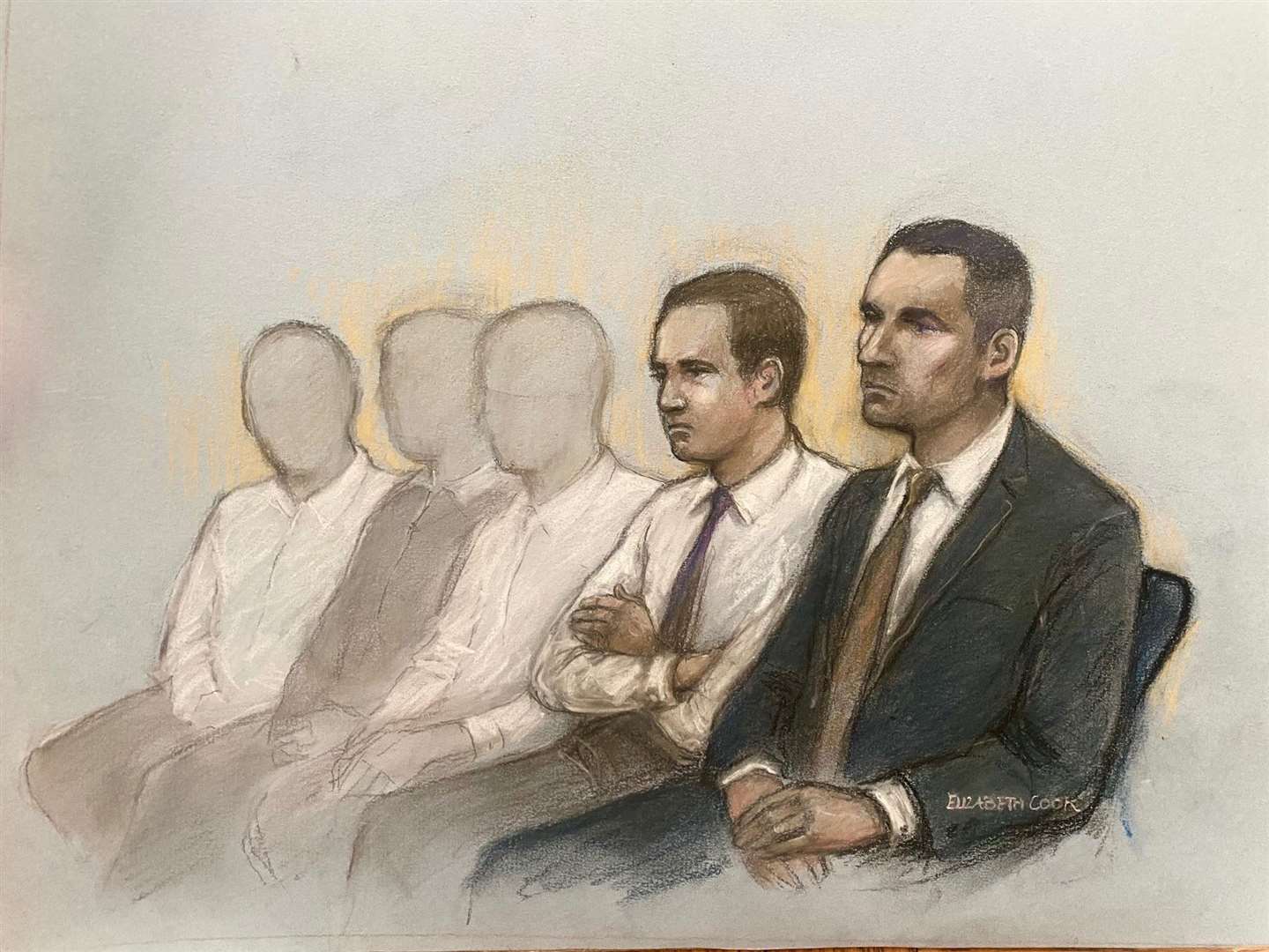 Court artist drawing of Antony Snook, right, sitting beside Riley Tolliver and three teenagers also on trial at Bristol Crown Court (Elizabeth Cook/PA)