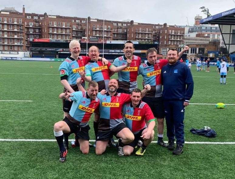 Lee Robshaw, front row, right, with his Harlequins team-mates.