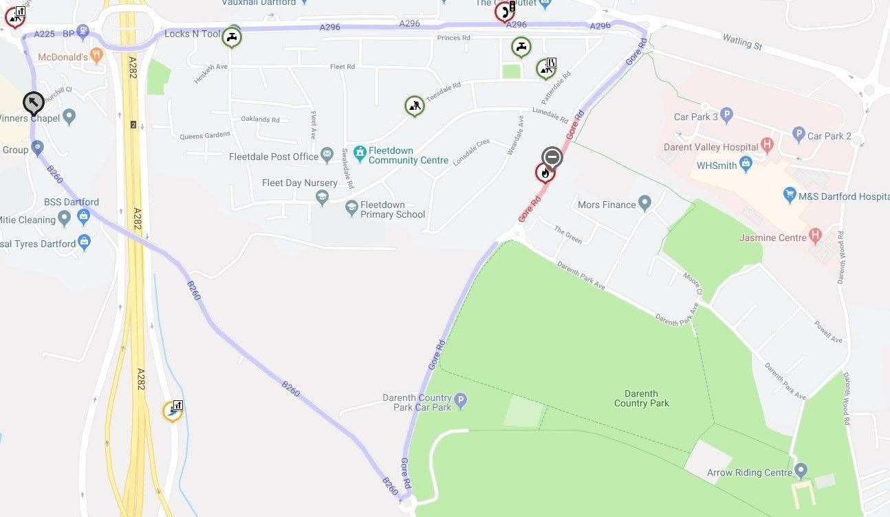 The purple shows the diversion round Gore Road, near Darent Valley Hospital (13782141)