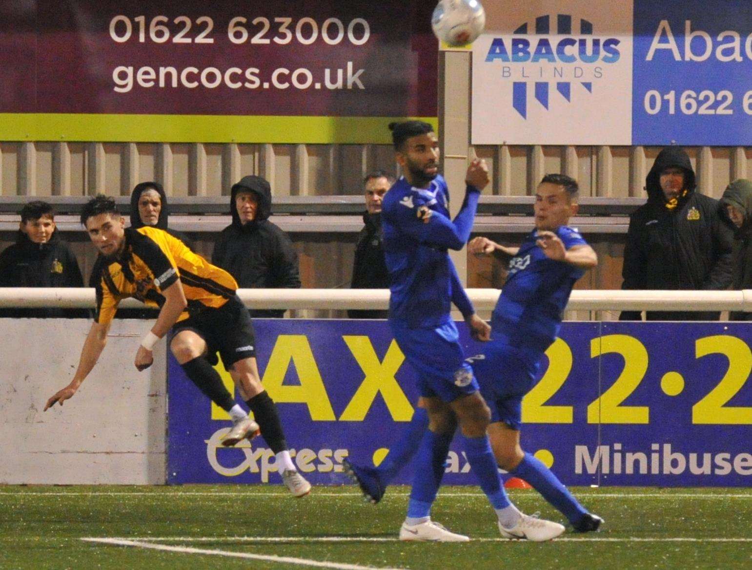 Sean Shields whips in a cross on his Maidstone debut against Eastleigh Picture: Steve Terrell