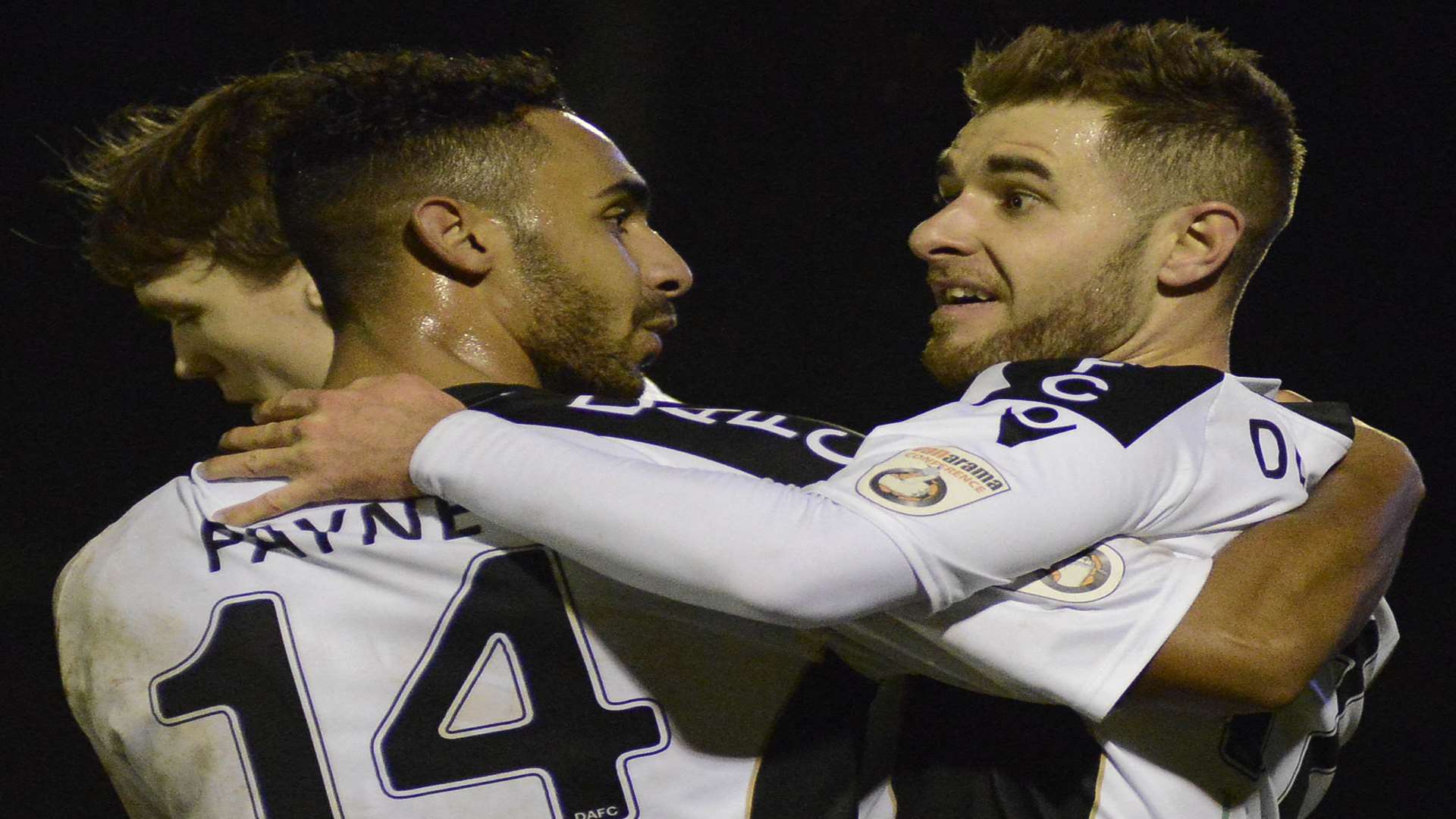 Nicky Deverdics and Stefan Payne celebrate after beating Woking in the FA Trophy at Crabble earlier this season